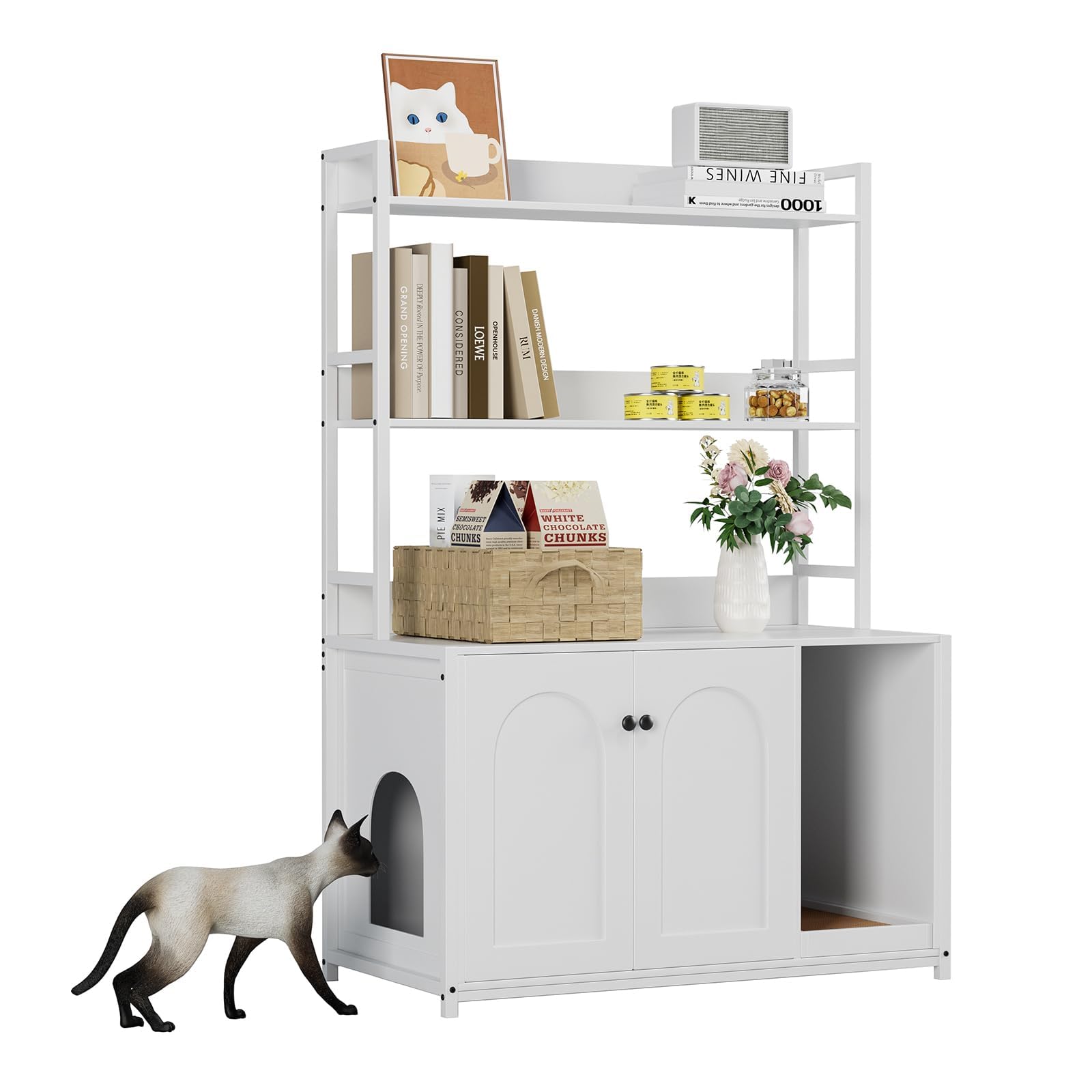Cat Litter Box Enclosure Hidden Litter Box Furniture Cats Washroom Furniture with 2-Tier Storage Shelves Wooden Pet House Bookshelf End Table, 90x45x132Cm