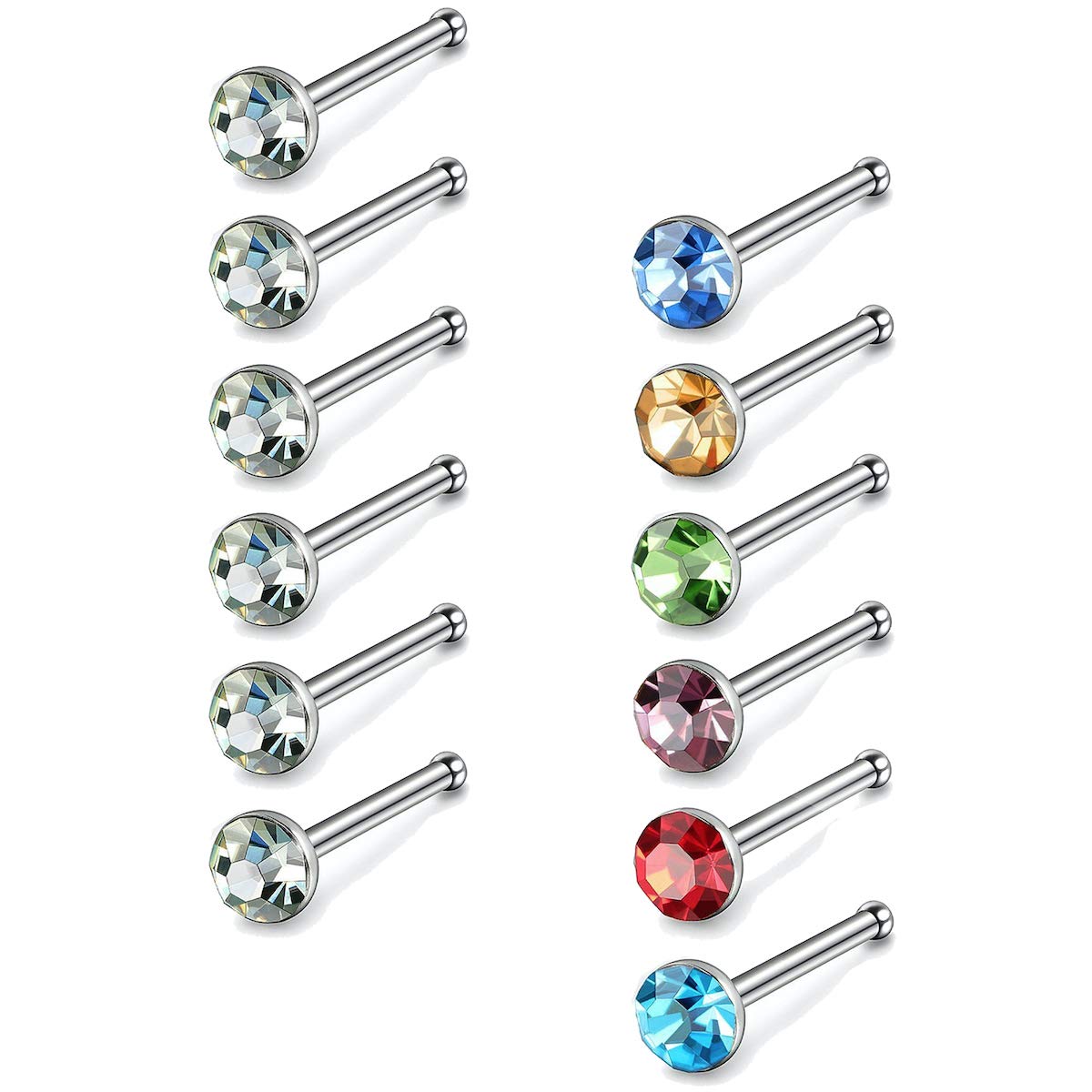 JewelrieShop 60pcs Nose Ring Studs Stainless Steel CZ Nose Piercing Jewelry Bone Studs for Women Men Hypoallergenic 22G