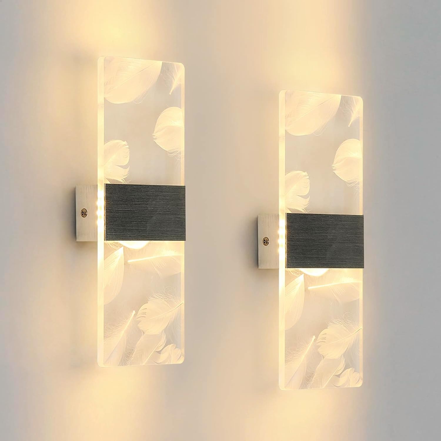 2 Pcs Lámpara de Pared Led 12W, 3000K Blanco Cálido Aplique de Pared Interior Moderno Acrílico Pluma, Aplique Pared Led Moderno para Dormitorio, Salón, Escalera, Pasillo