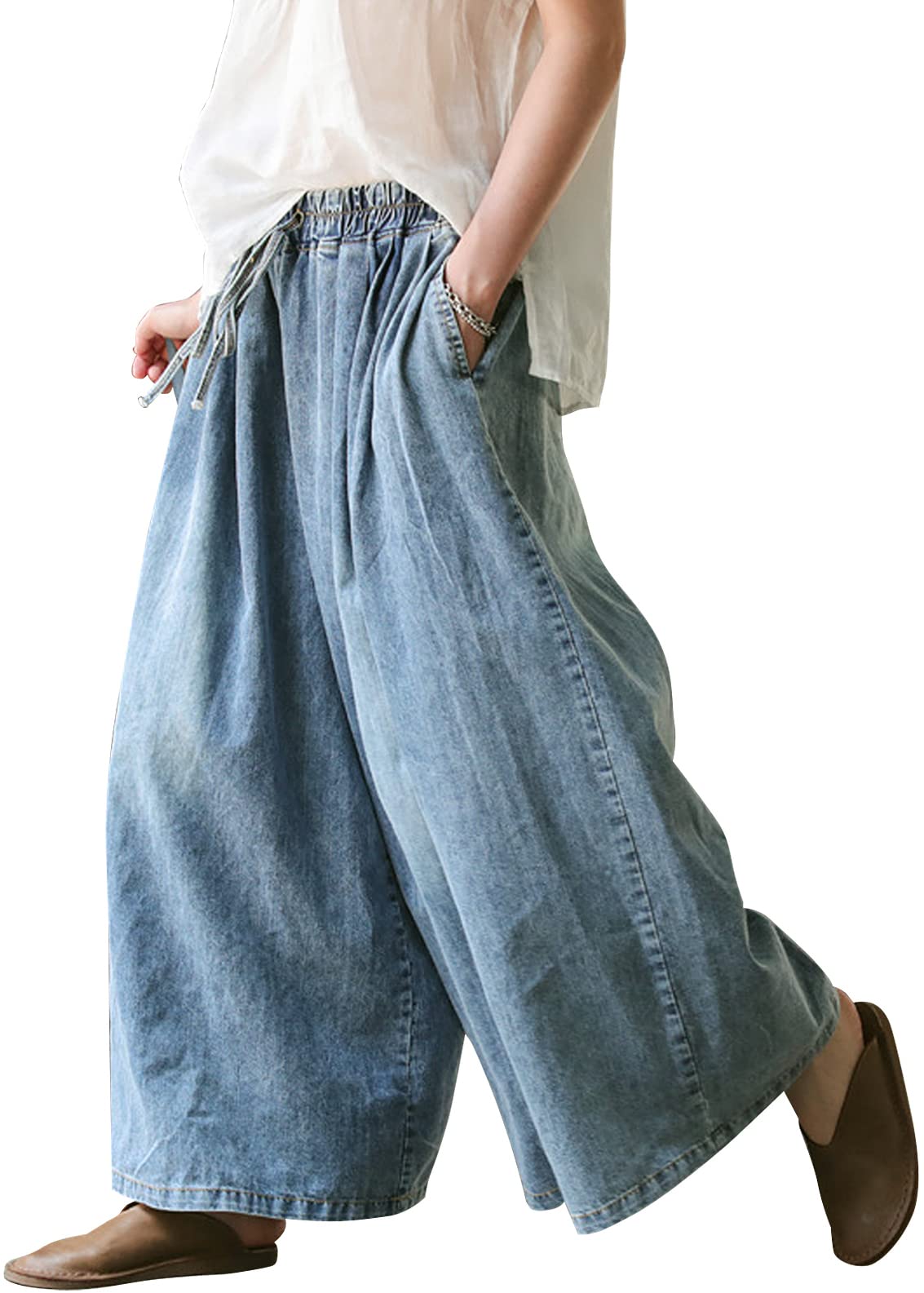 UQJE Damskie szerokie, luźne dżinsy z szerokimi nogawkami, plus size, luźne spodnie dżinsowe z elastyczną talią i głębokimi kieszeniami, jasnoniebieskie