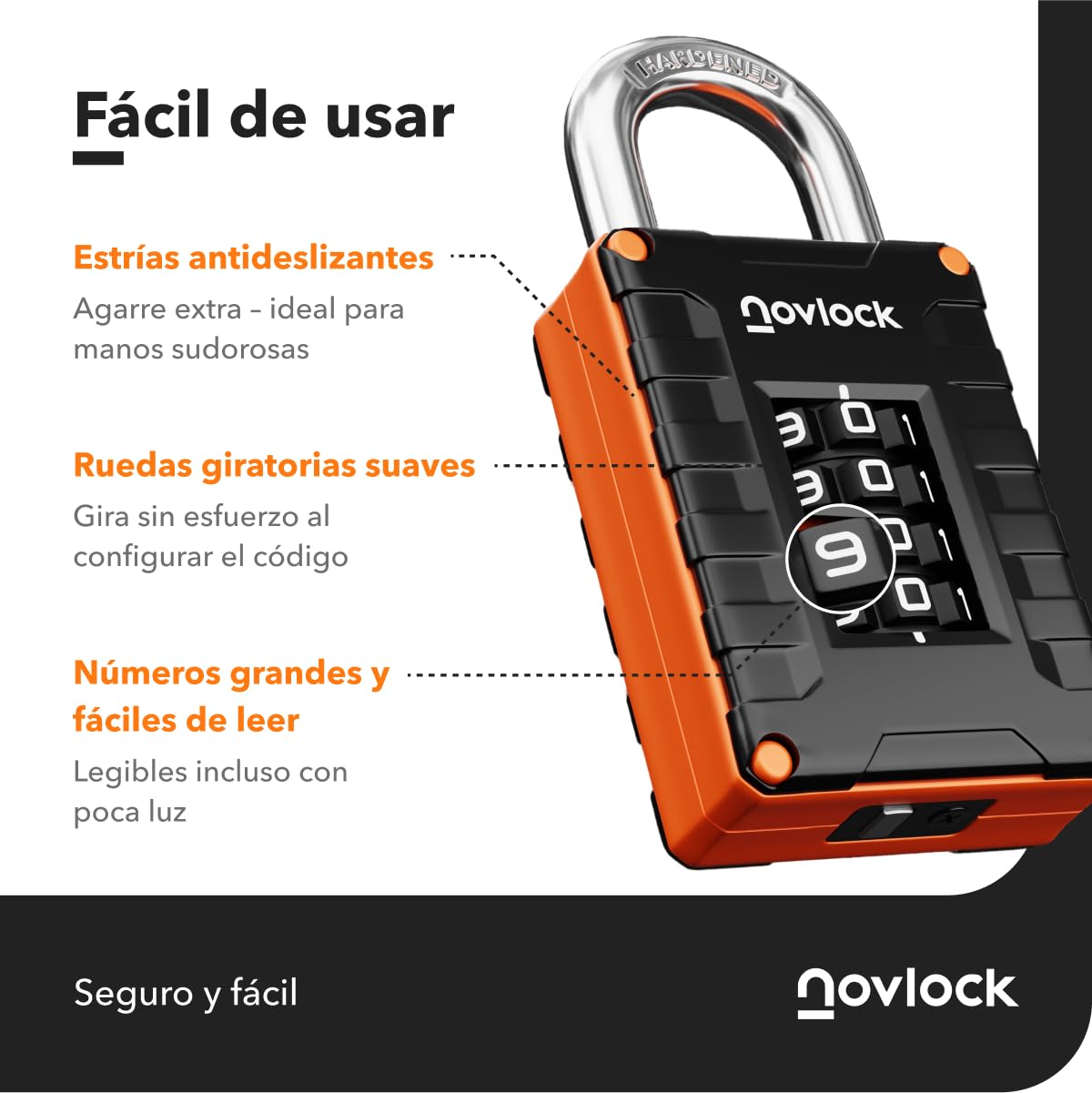 Candado de combinación para taquillas de gimnasio, escuela o trabajo, armarios, puertas, vallas y almacenes – Seguridad de 4 dígitos – Pack de 1, Negro/Naranja