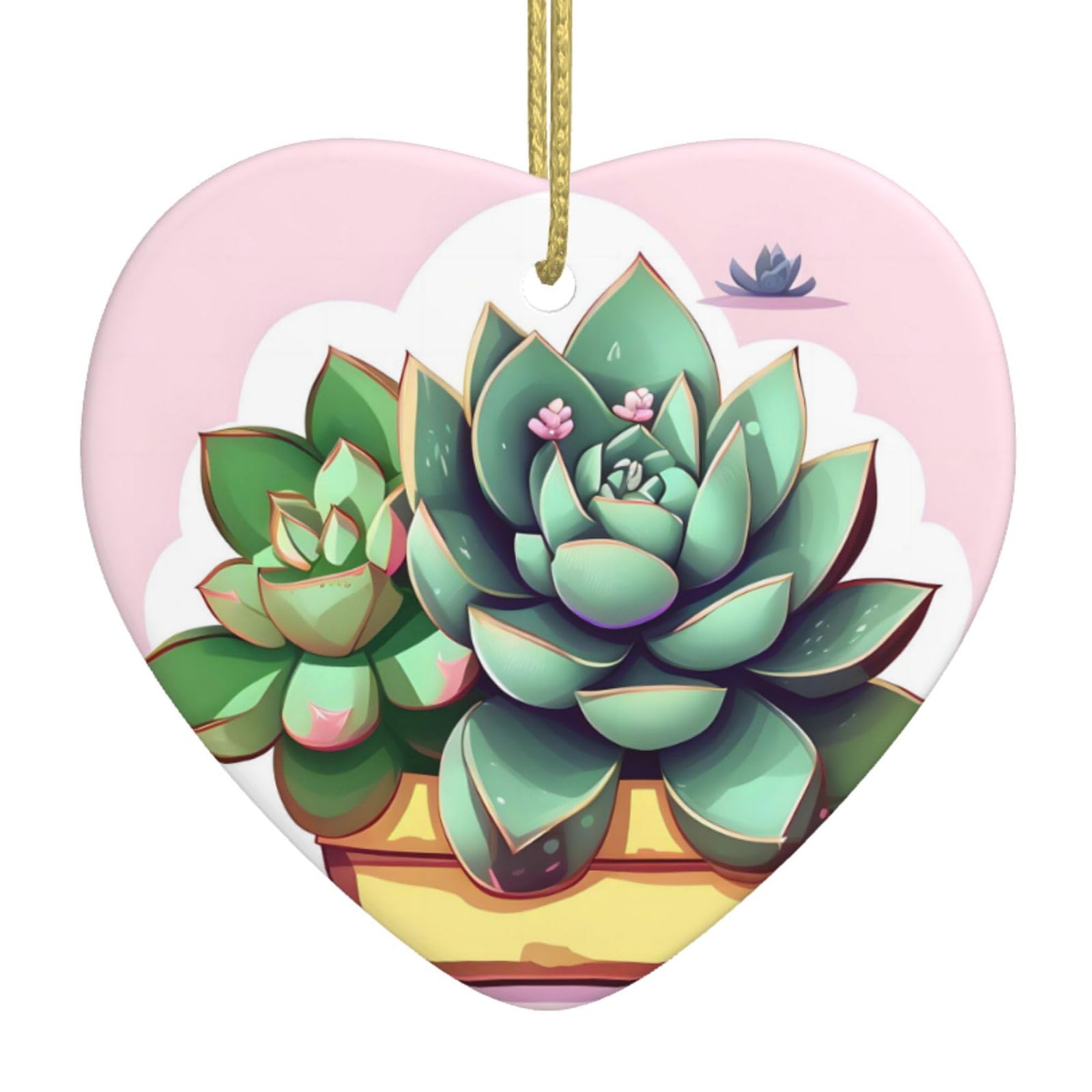 Cartoon Succulents Ceramic Christmas Heart Pendant with Silk Thread, Christmas Tree Home Decoration