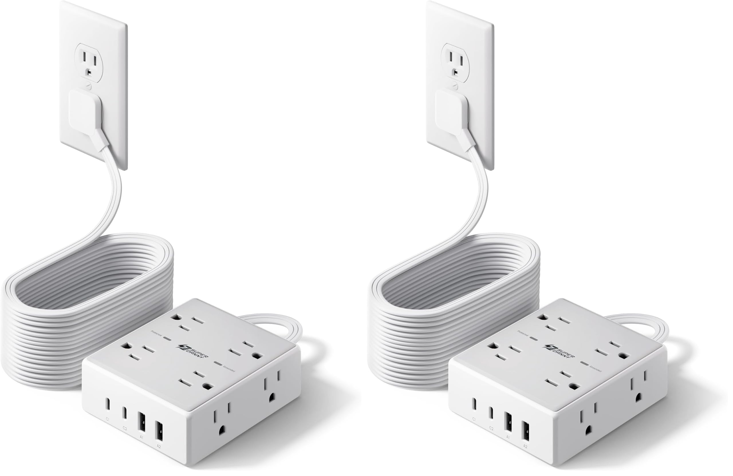 SUPERDANNY Extension Cord,Flat Plug Surge Protector Power Strip,20Ft (Pack of 2)