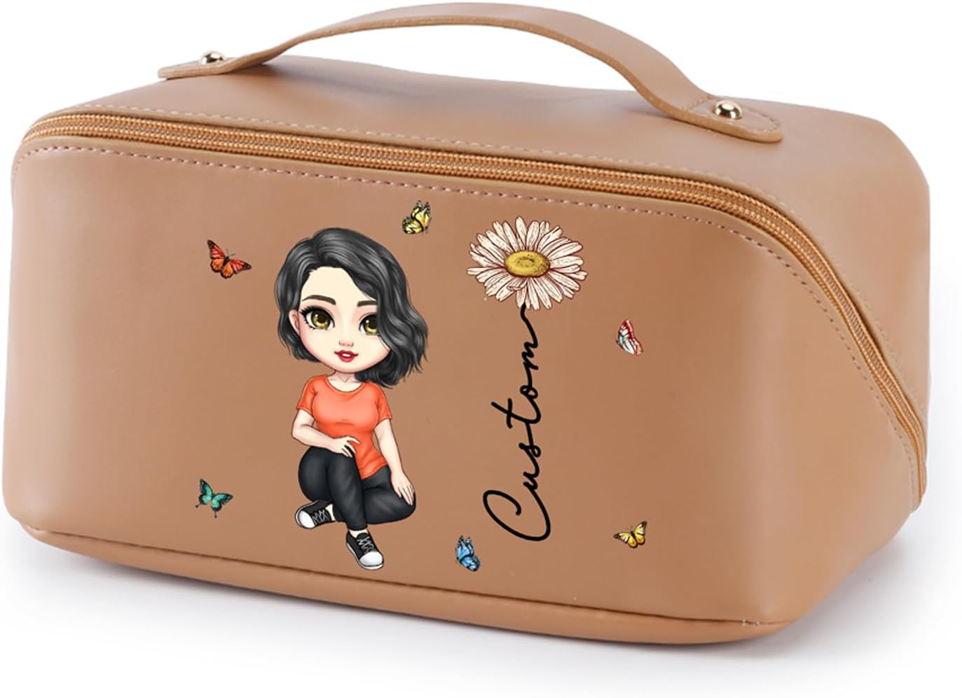 CALLIE Personalized Makeup Bag, Custom Cartoon Character with Birth Flower Name on Leather Makeup Pouch Bag, Birthday Mothers Gifts for Women