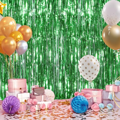 Image of 2 Pack Green Streamers Backdrop Jungle Party Decorations Green Foil Fringe Backdrop Curtains Photo Booth Backdrop for Birthday Dinosaur Animal St Patrick's Day Football Xmas Graduation Party Decors