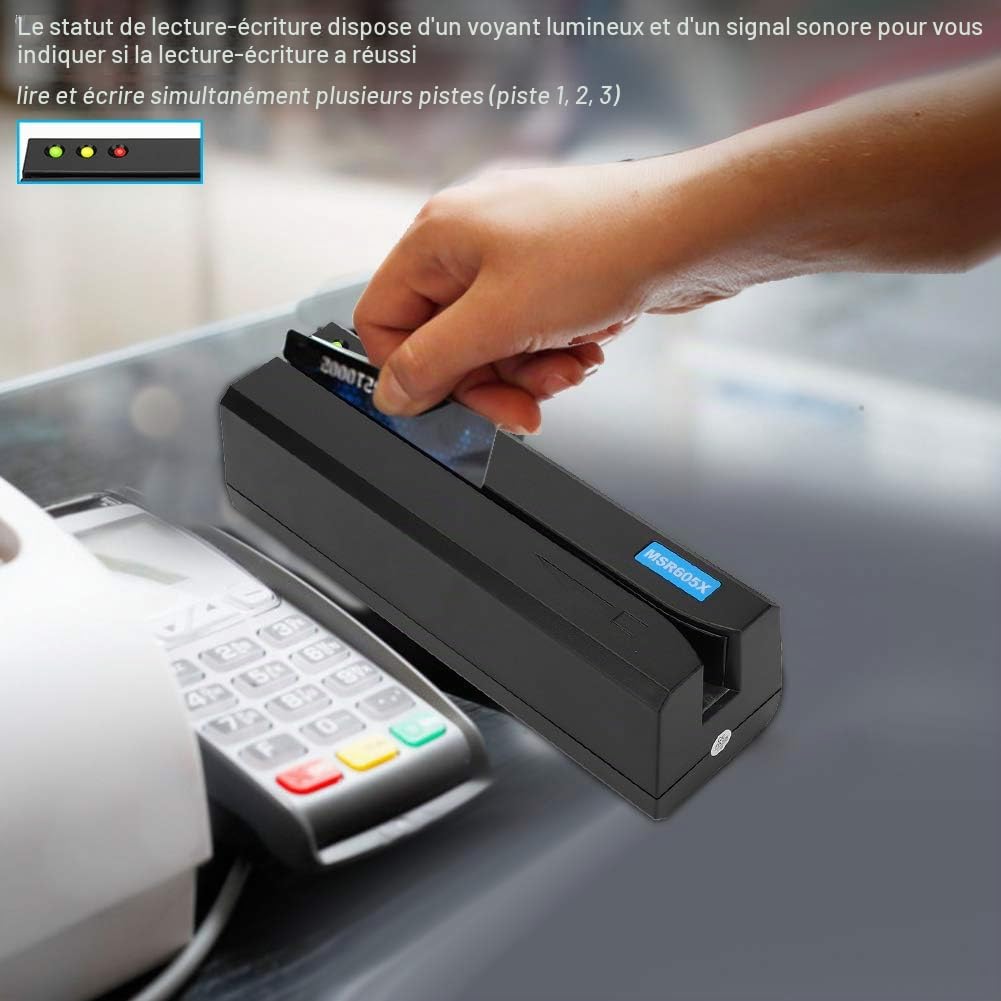 Encodeur de Lecteur de Carte Magnétique MSR605X, Lecture/écriture des 3 Pistes, Communication USB, Balayage Haute/Basse Vitesse, Prend en Charge la Norme IBM/ISO