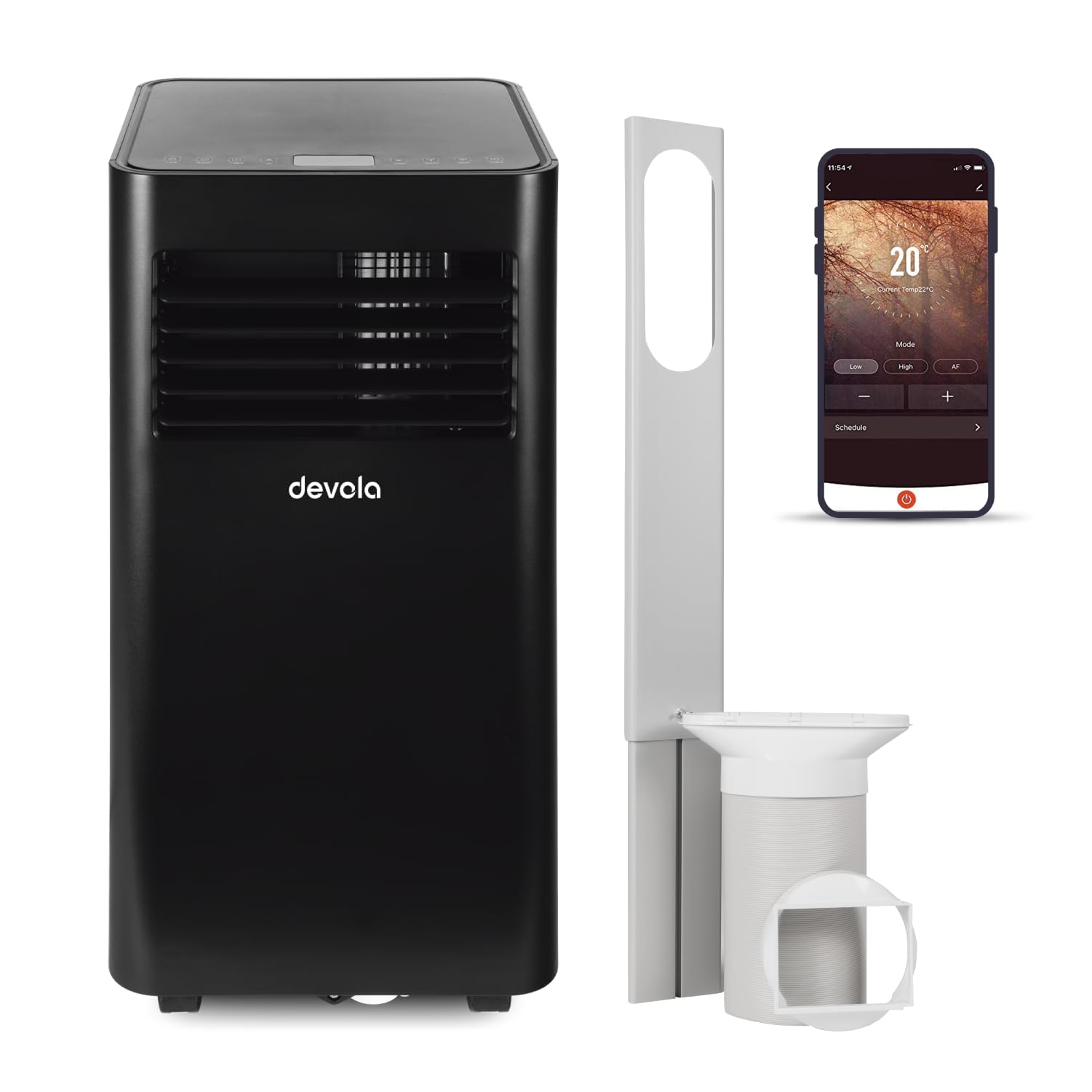 Devola 9000 BTU WiFi Portable Air Conditioner, 3-in-1 Cooling Dehumidifier Fan, Sleep Mode, 24H Timer, 2 Window Kits, For Rooms Up to 18 sq m (Black)