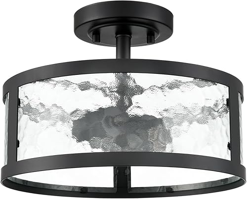 Lámpara de techo semiempotrada de estilo casa de campo, accesorios de luz negra, 2 luces con vidrio martillado para dormitorio, cocina, baño, entrada