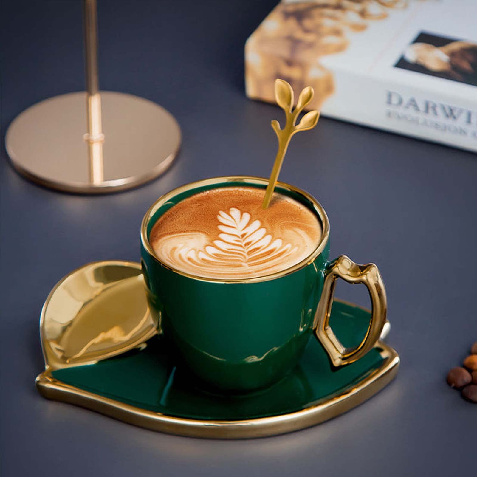 Ensemble de 2 tasses en porcelaine avec anse en forme de feuille, tasse à expresso avec soucoupes et cuillère – 165 ml/5,58 oz