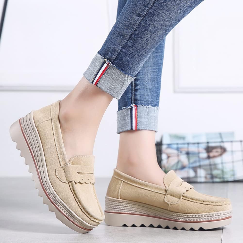 Ruiatoo Women's Slip-On Platform Loafers Suede Wedge Mocs Low-Top Lightweight Casual Office, Travel, Daily Walking Shoes