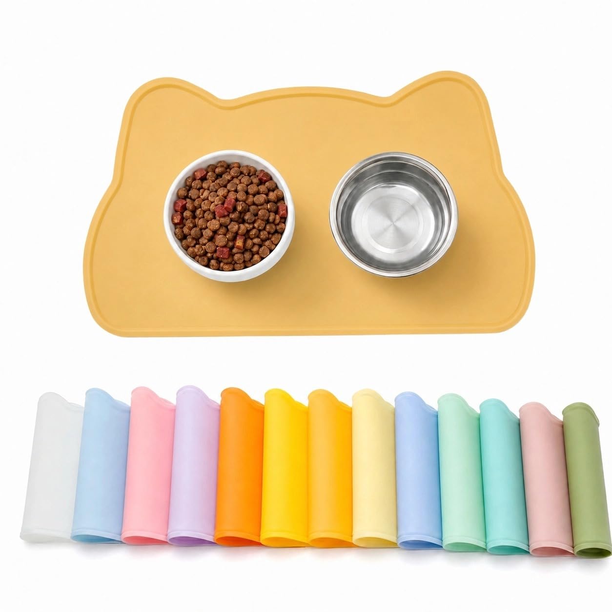 Jenck Cat Food Mat, Cat Shaped Silicone Pet Feeding Mat, Non‑Slip Waterproof Dog Bowl Mat Tray Cushion for Cat Dog Food Water, Yellow, 43 x 26 cm
