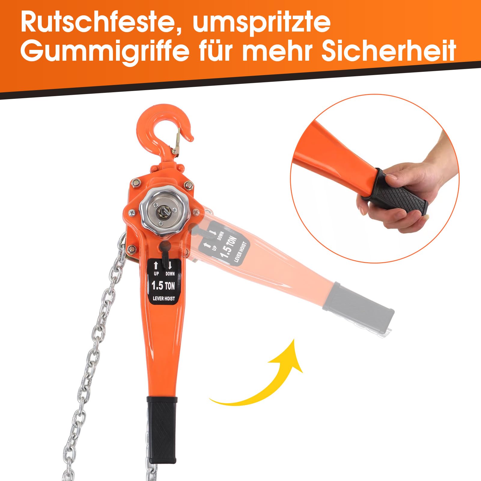 Hebel-Kettenzug, 1.5T 3300LBS 2.5M Manuelle Ratsche Kettenzug Hebezeug für Transport Bau Hebel-Kettenblock für den Einsatz in Baustellen und Transportanwendungen Hebezeug