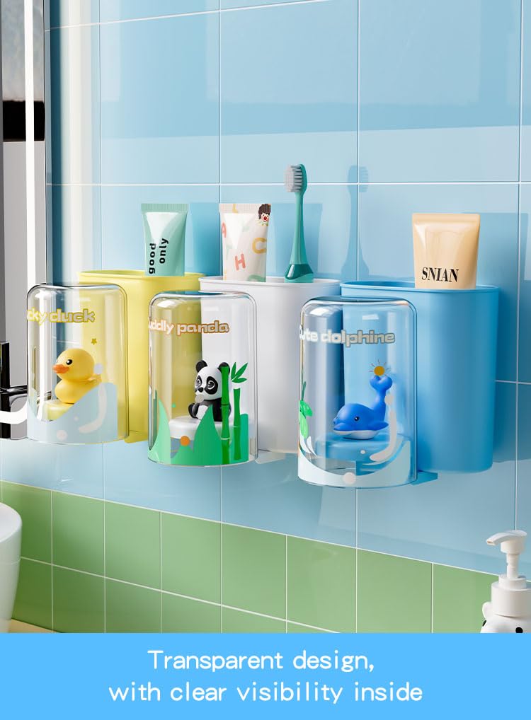 TYZAG™ Tooth Brush Holder Bathroom, Kids Toothbrush Holder with Cup, Plastic Stand for Toothpaste, Toothpaste Holder for Bathroom Kids Drain Waterproof Self-Adhesive, Panda (White, Junior Cup) 3