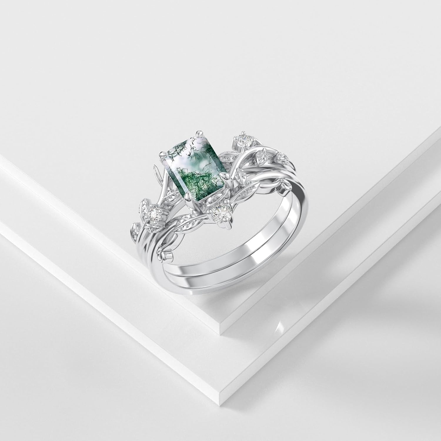 Natural Moss Agate Ring for Women 925 Sterling Silver Pear/Oval/Kite/Heart/Hexagon/Emerald/Coffin Cut Green Leaf Moss Agate Engagement Ring Promise Bridal Set Anniversary Birthday Jewelry Gifts