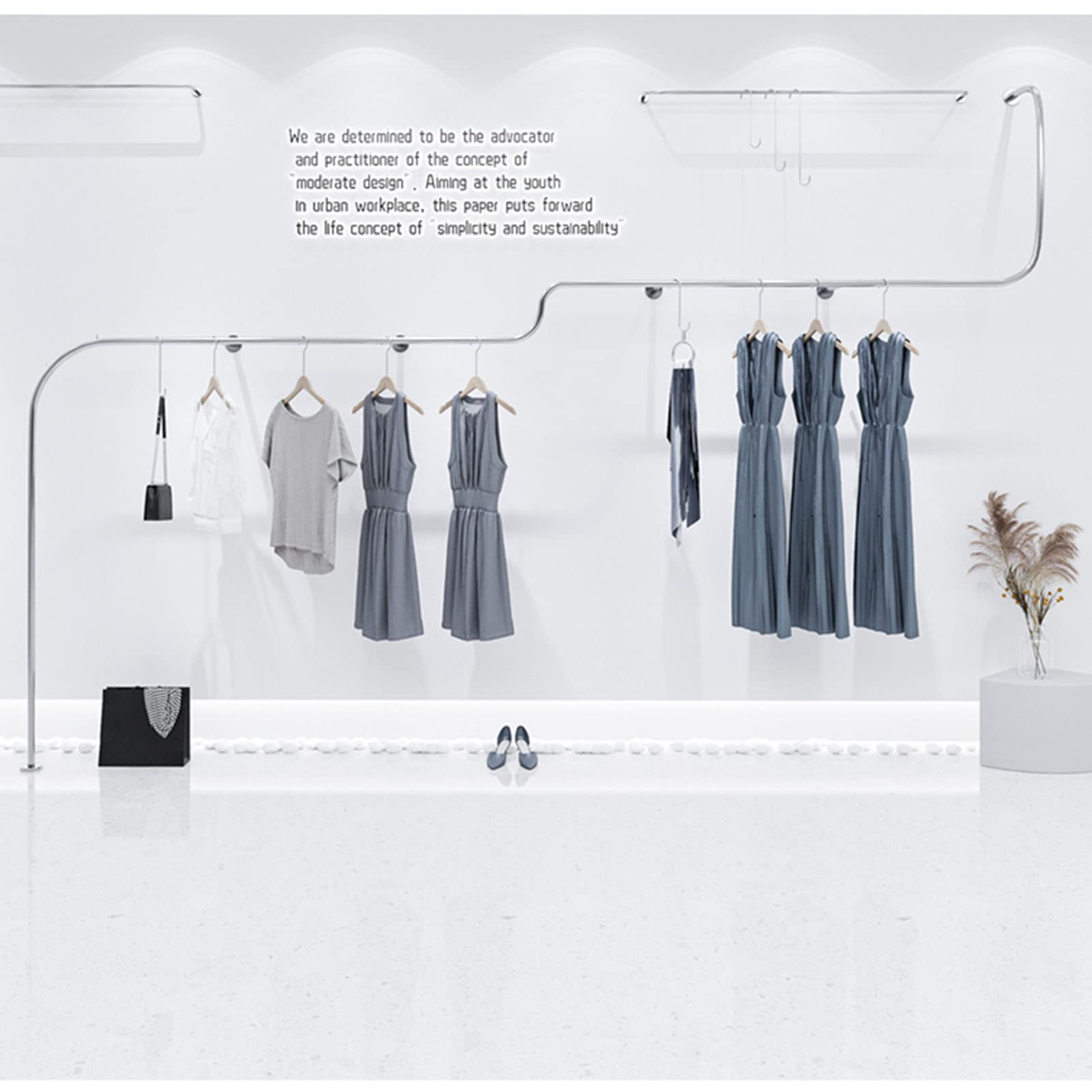 An der Wand montierte Präsentationsregale für Boutique-Bekleidungsgeschäfte aus Metall, Aufbewahrungsregale für gewerbliche Schränke aus Edelstahl für kreative Einzelhandelsgeschäfte, platzs