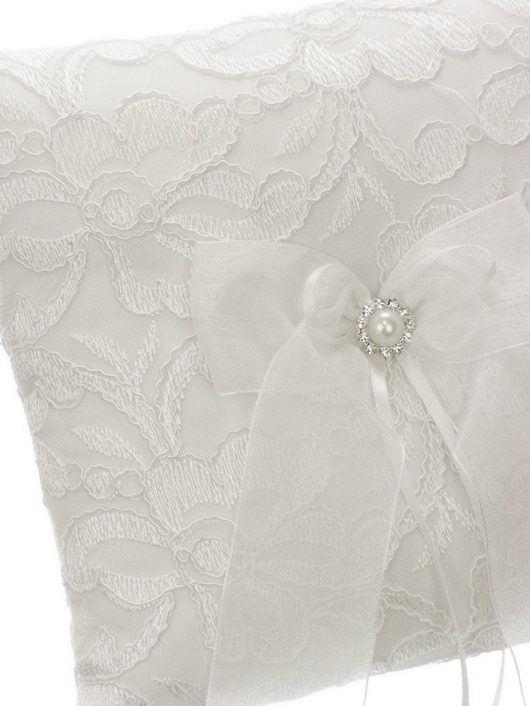 DivaDesigns Floral Embroidery Chiffon Ribbon Crystal Framed Faux Pearl Wedding Ring Pillow Ivory