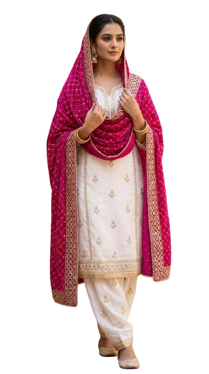 Traditions Bazaar Women’s Velvet Embroidered Dupatta with Heavy Zari Work, Velvet Lace & Moti Border | Ethnic Bridal (Only...