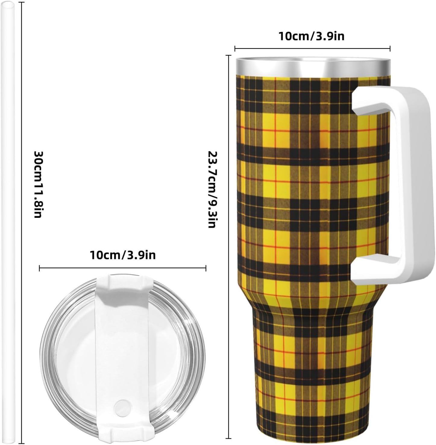 40 OZ Yellow Gray Black Plaid Print Ice Bully Cup with Handle Straw Lid Straw,Stainless Steel Tumbler Coffee Cup