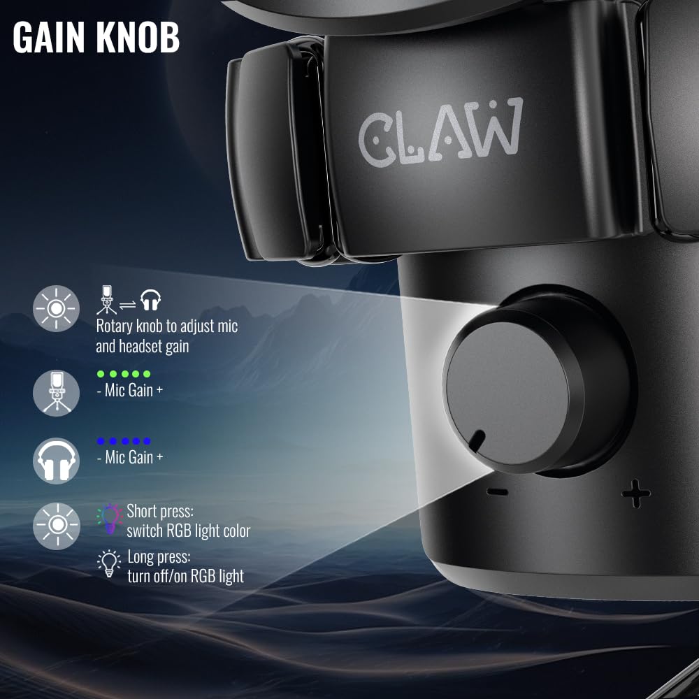 CLAW GM17 Microfono da gioco RGB a condensatore con cardioide, manopola di guadagno, jack per il monitoraggio delle cuffie, Touch Mute, filtro pop, tipo C per streaming, podcast, YouTube, Twitch