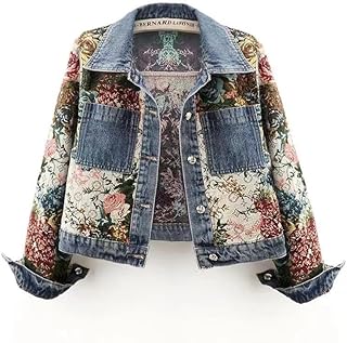 Women's Embroidered Vintage Denim Jacket Casual Long Sleeve Button-Up De...