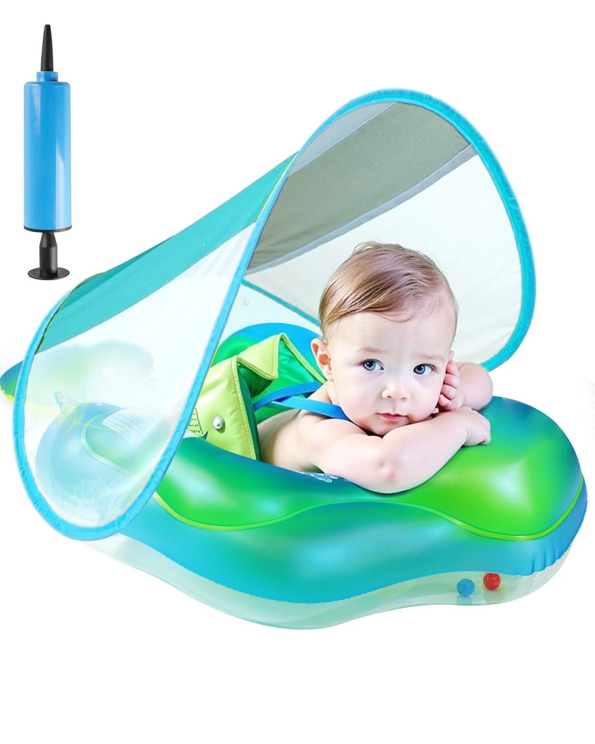 Baby Swimming Float, Pool Float with Bottom Support, Removable SPF 50+ Sun Canopy, Adjustable Seat, Detachable Anti Rollover Airbag, Pool Float for 6-36 Months