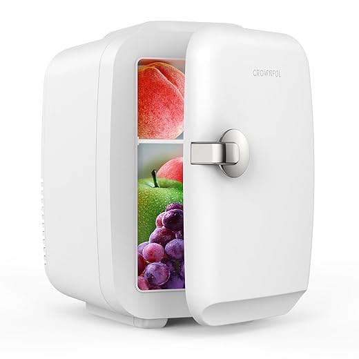 CROWNFUL Mini Fridge, 4 Liter/6 Can Portable Cooler and Warmer Personal Fridge for Skin Care, Cosmetics, Food, Great for Bedroom, Office, Car, Dorm, ETL Listed (White)