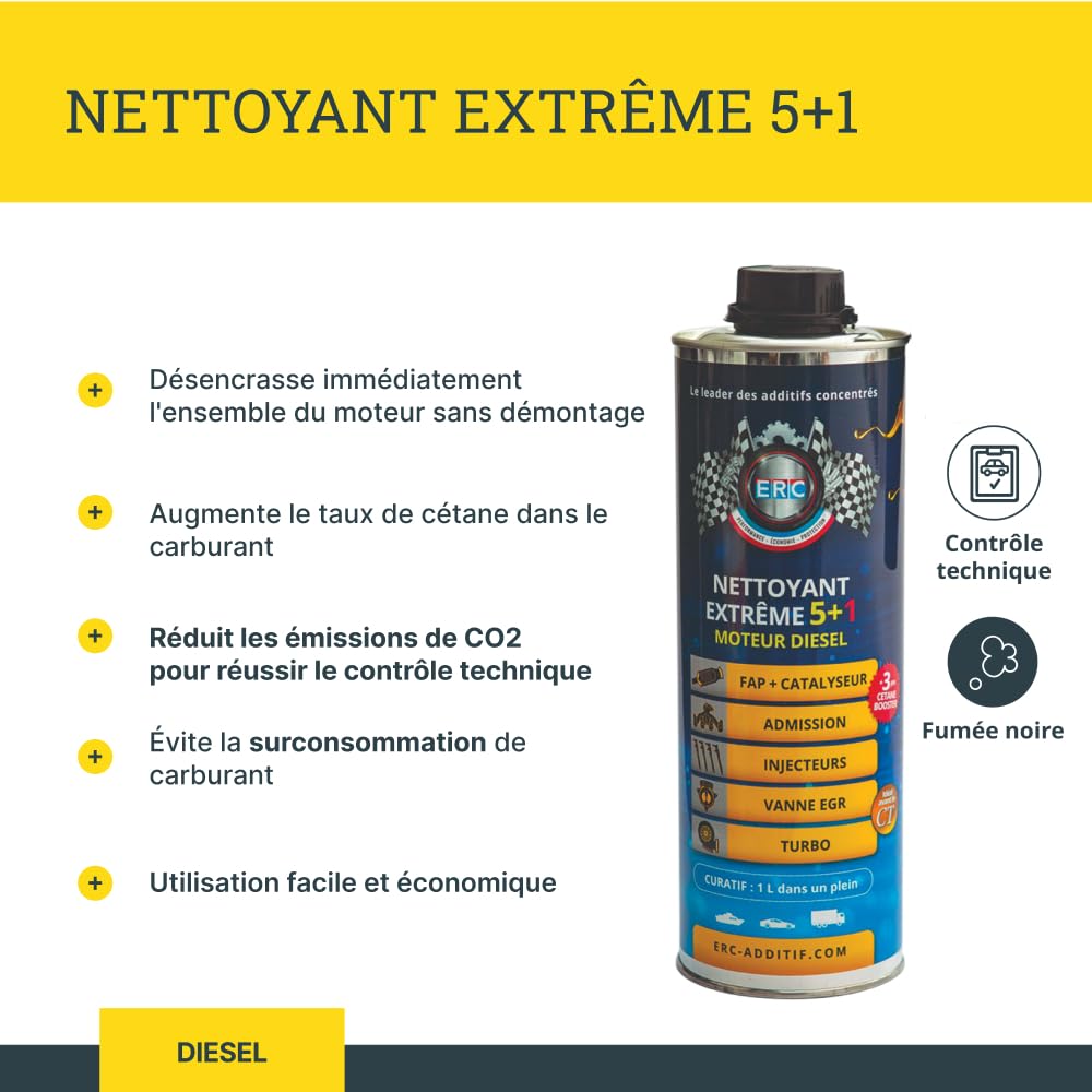 ERC [Nettoyant Extrême 5+1 Diesel] | Additif Diesel | Désencrasse l’Ensemble du Moteur | Nettoyant Moteur Diesel FAP injecteur et Turbo | Réduit la consommation de Carburant | 1 Litre