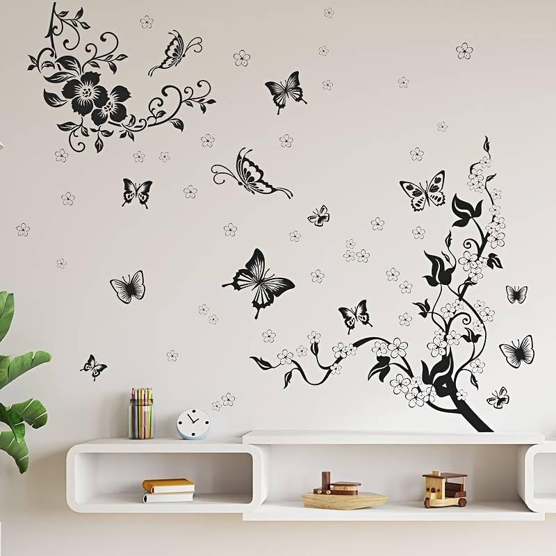 Xtore Butterfly and Flower Design Wall Sticker for Home | Office | Kitchen Decor (Pack of 1, Black) 4