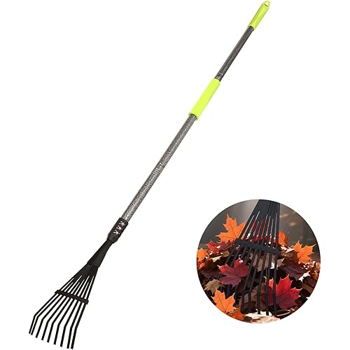 Garden Rake for Leaves, 48" Metal Leaf Rake with Foam Soft Foam Grip, 9 Tines Small Narrow Rakes with Adjustable Long Handle, Rakes for Lawns Gardening Yard Flower Bed Grass Mulch Shrub Camping
