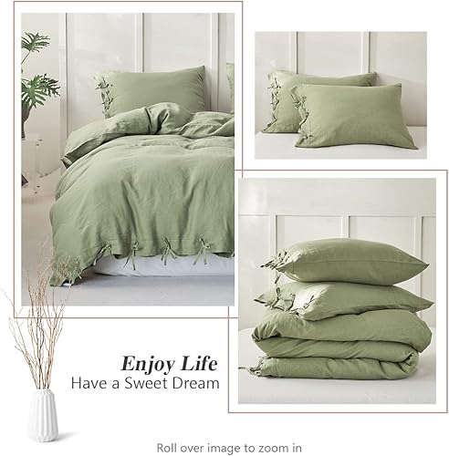 Miniatura 4 de Simple&Opulence Juego de funda de edredón 100% lino, 3 piezas con cierre de lazos de lazo, lino lavado francés natural, color sólido, suave,