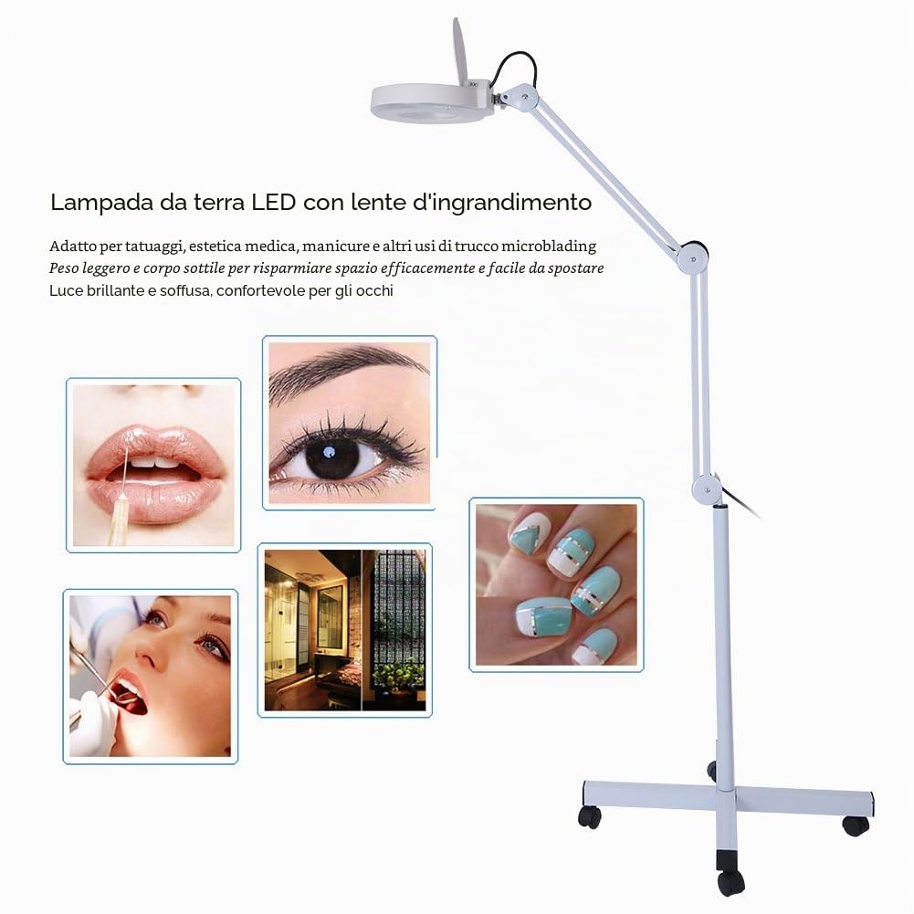 Wakects 5X Lampada con Lente d' ingrandimento a LED, Lente 5 DIOTTRIE d'Ingrandimento con 4 Ruota, Luce per Estetista Laboratorio e Lavori di Precisione, Bianca, 15W