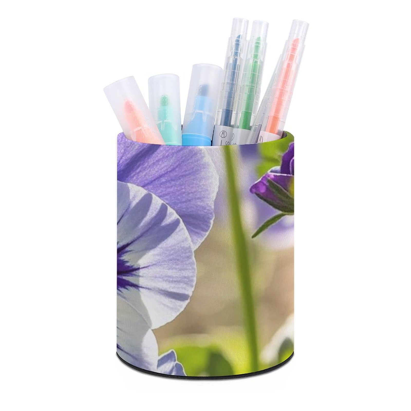 FekiLoot PU Leather Round Pen Holder Pansy Perfection Pencil Holder Desk Organizer Pen Organizer Pen Cup Pencil Cup Caddy Desktop Stationery Organizers for Office Home Supplies