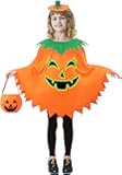 Halloween Pumpkin Costume for Kids Girls,Glow in the Dark Halloween Costume with Pumpkin Poncho,Headband&Bag