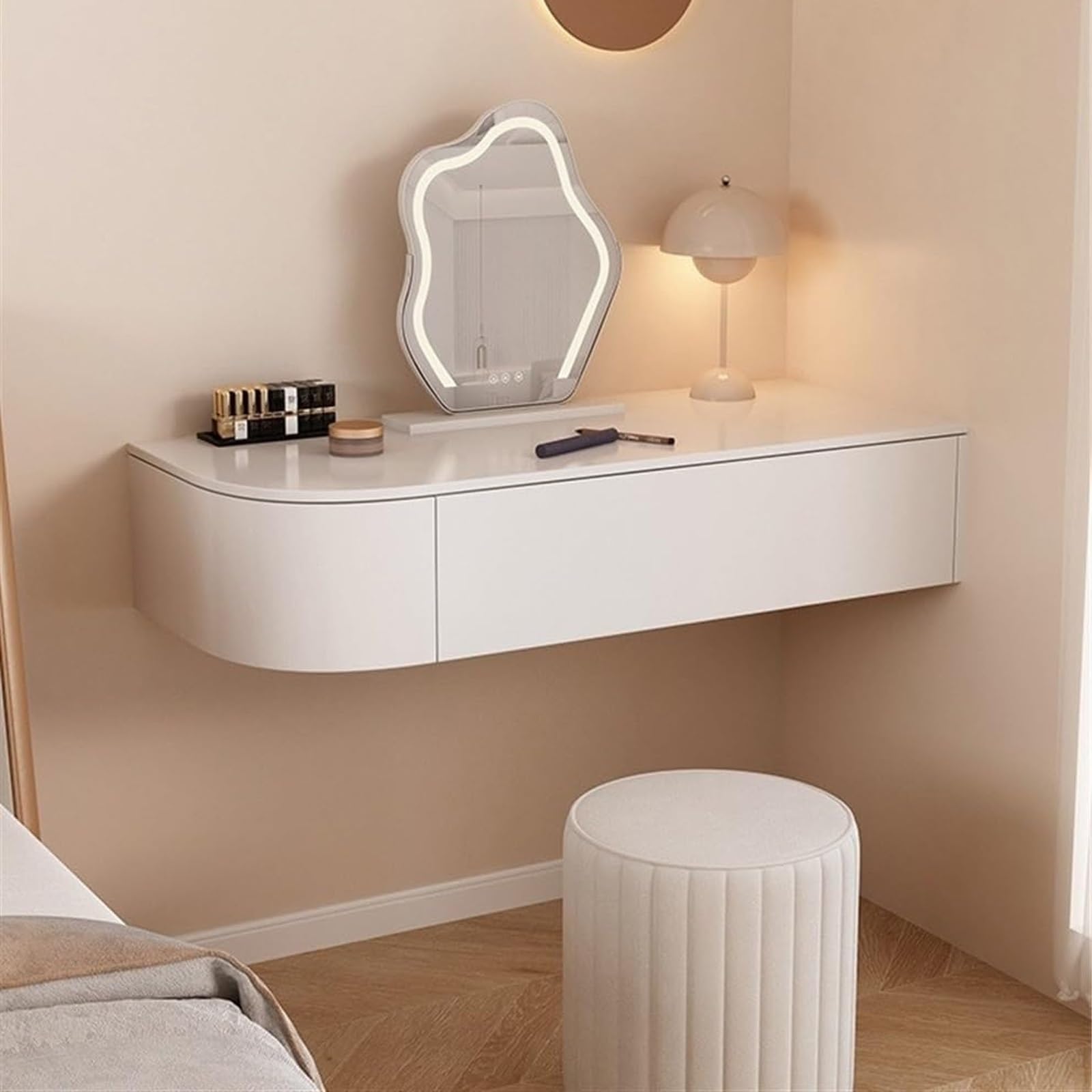 asdchZen Modern Floating Vanity Makeup Table With Stylish Corner Desk Space-Saving Storage Cabinet & Nightstand For Bedroom Contemporary Design Elegant Home Decor