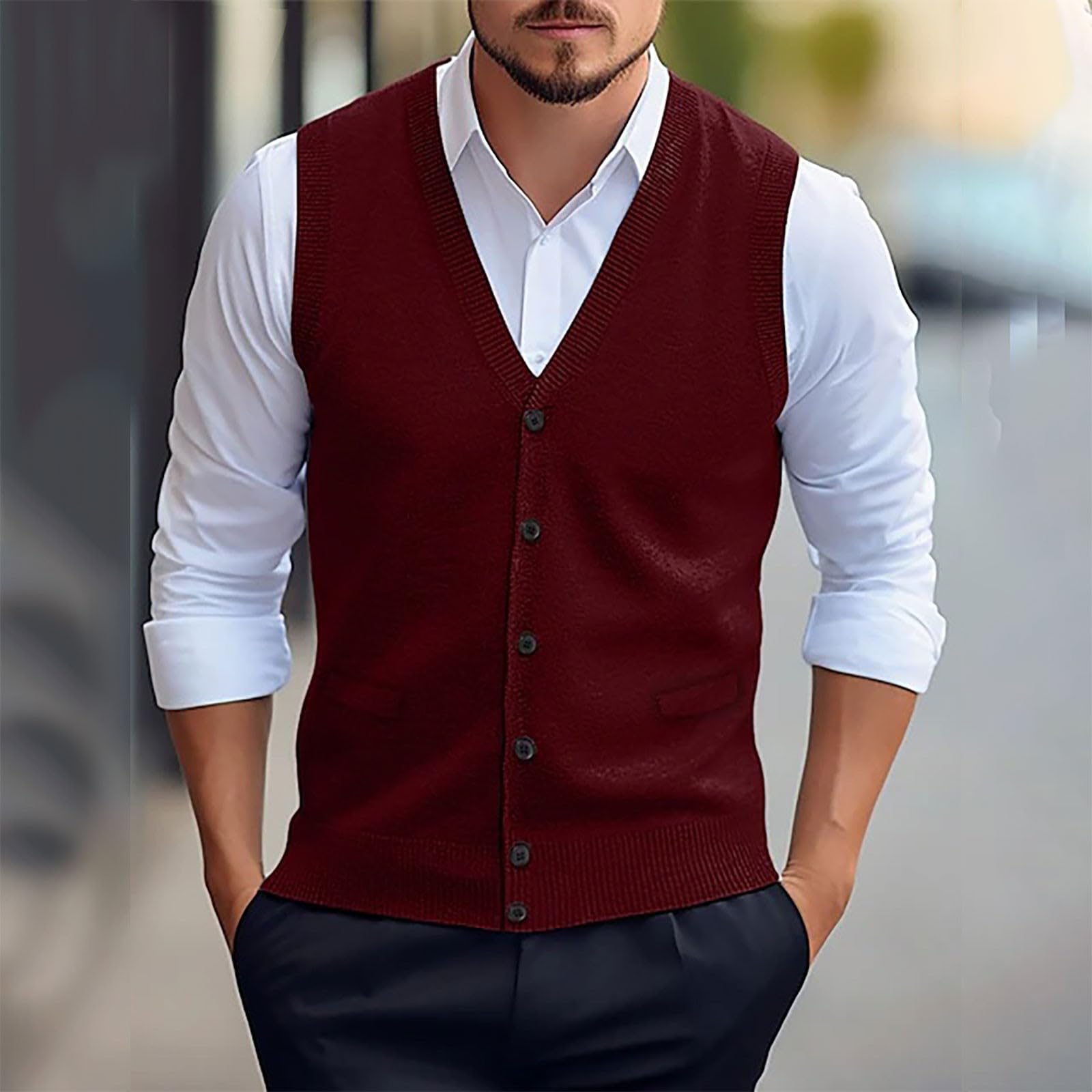 Chaleco de punto sin mangas para hombre, chaleco de 3 botones para hombre, chaleco de punto ajustado, chaleco casual para caballero, cárdigan de punto con cuello en V, chaleco de lana cómodo