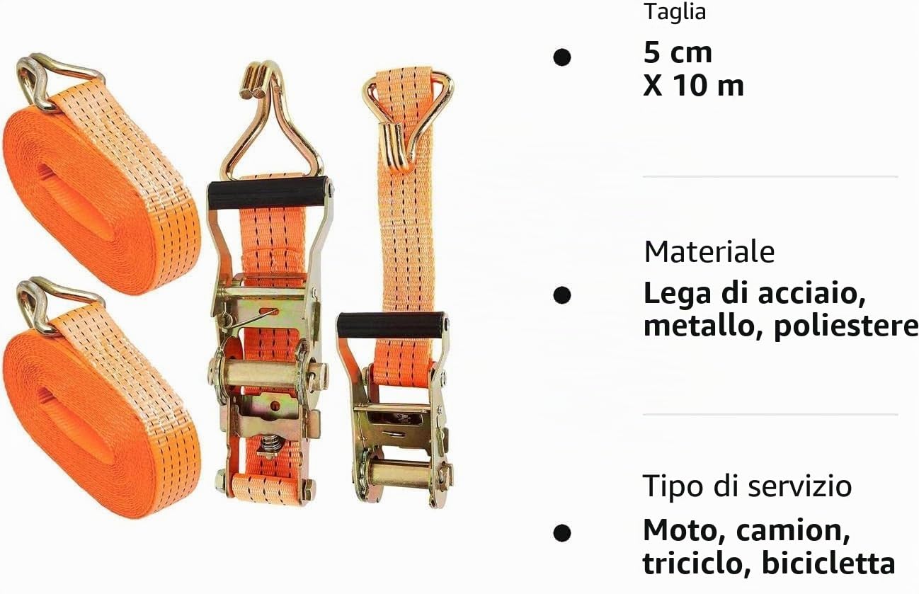 2pcs Cinghie a Cricchetto 50mm, Cinghia di Fissaggio per Carichi 3000kg, 10m Cinghia con Cricchetto e Ganci, per Camion, Auto, Moto, Legare Carichi Sicuro