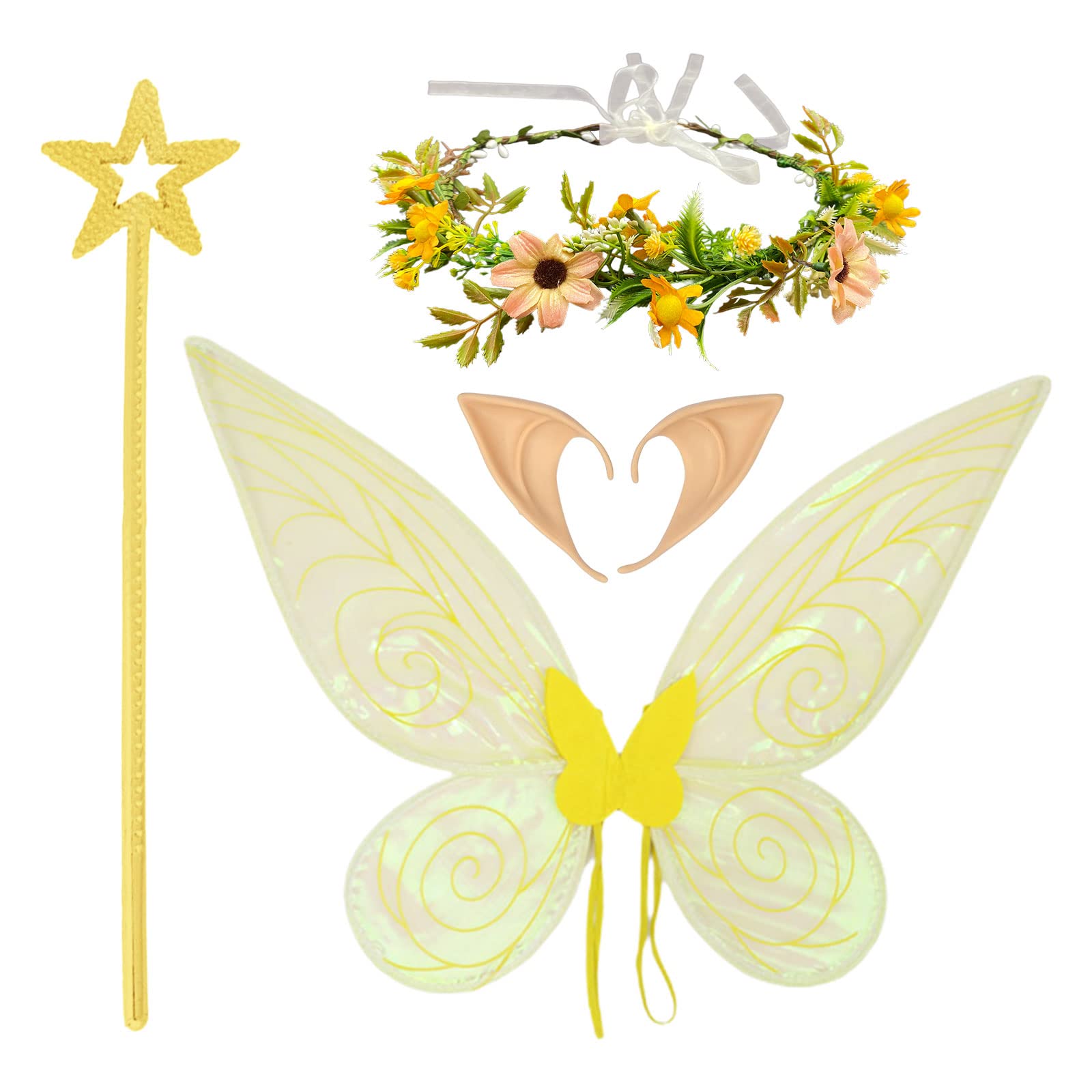 Costume De Fée – Ailes Avec Guirlande Florale, Oreilles D'Elfe Et Baguette Magique – Pour Cosplay, Halloween, Fêtes