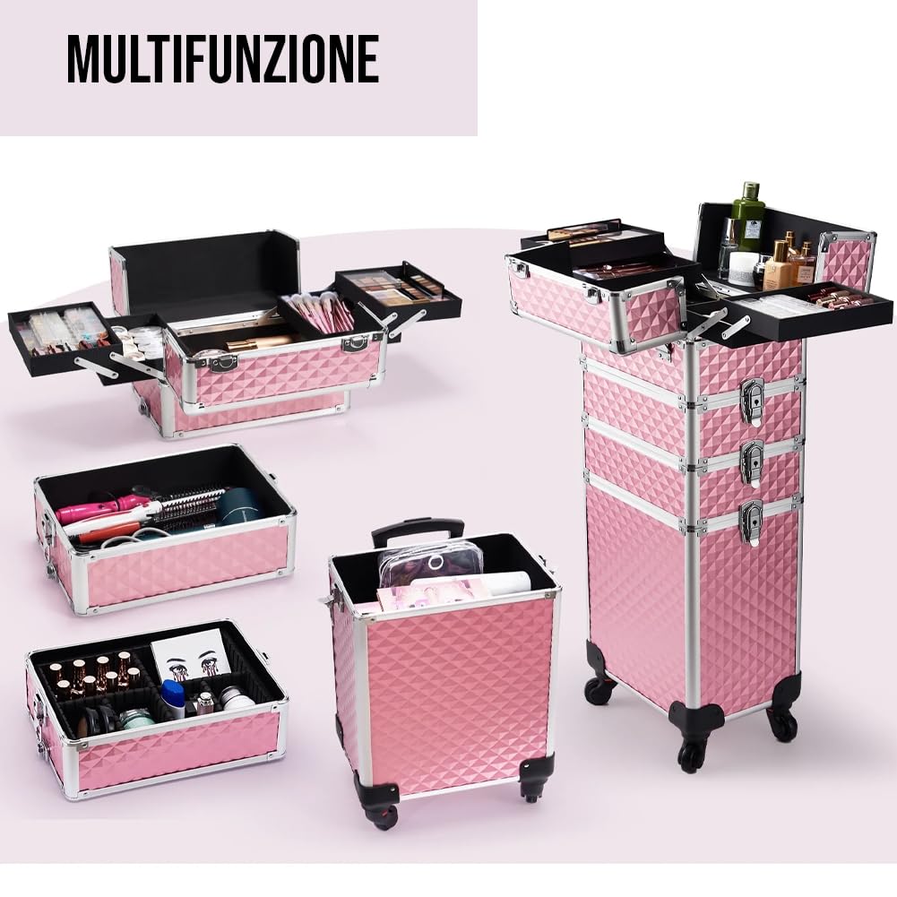 BAKAJI Trolley Make Up 4 in 1 Professionale con Trama Oleografica a Triangolare, Beauty Case Estetista Portatile, Valigia Porta Trucchi con Ruote Staccabili, Valigetta Organizer Makeup Viaggio (Rosa)