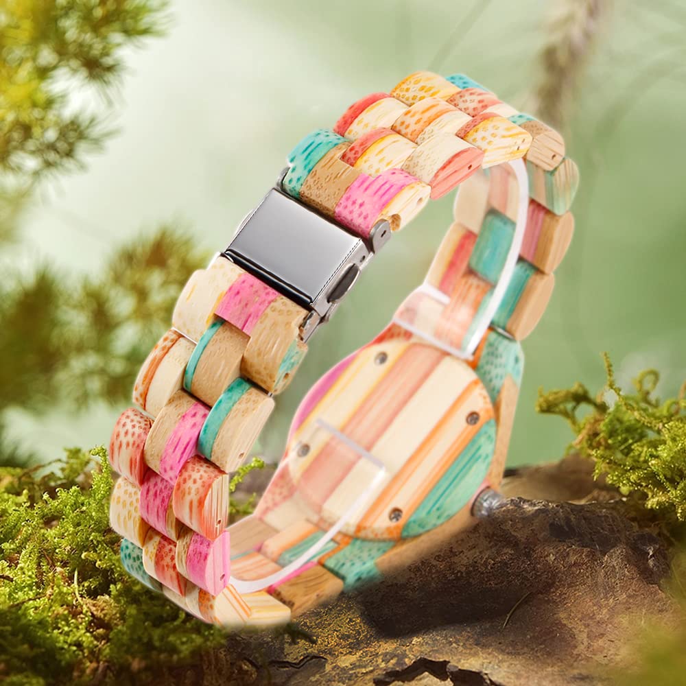 Tiong Reloj de madera para mujer Colorido Bambú Relojes de cuarzo Relojes de mujer Relojes analógicos Números Romanos Relojes de Madera Reloj de Madera para Mujeres, Wq1109-colorido, Retro