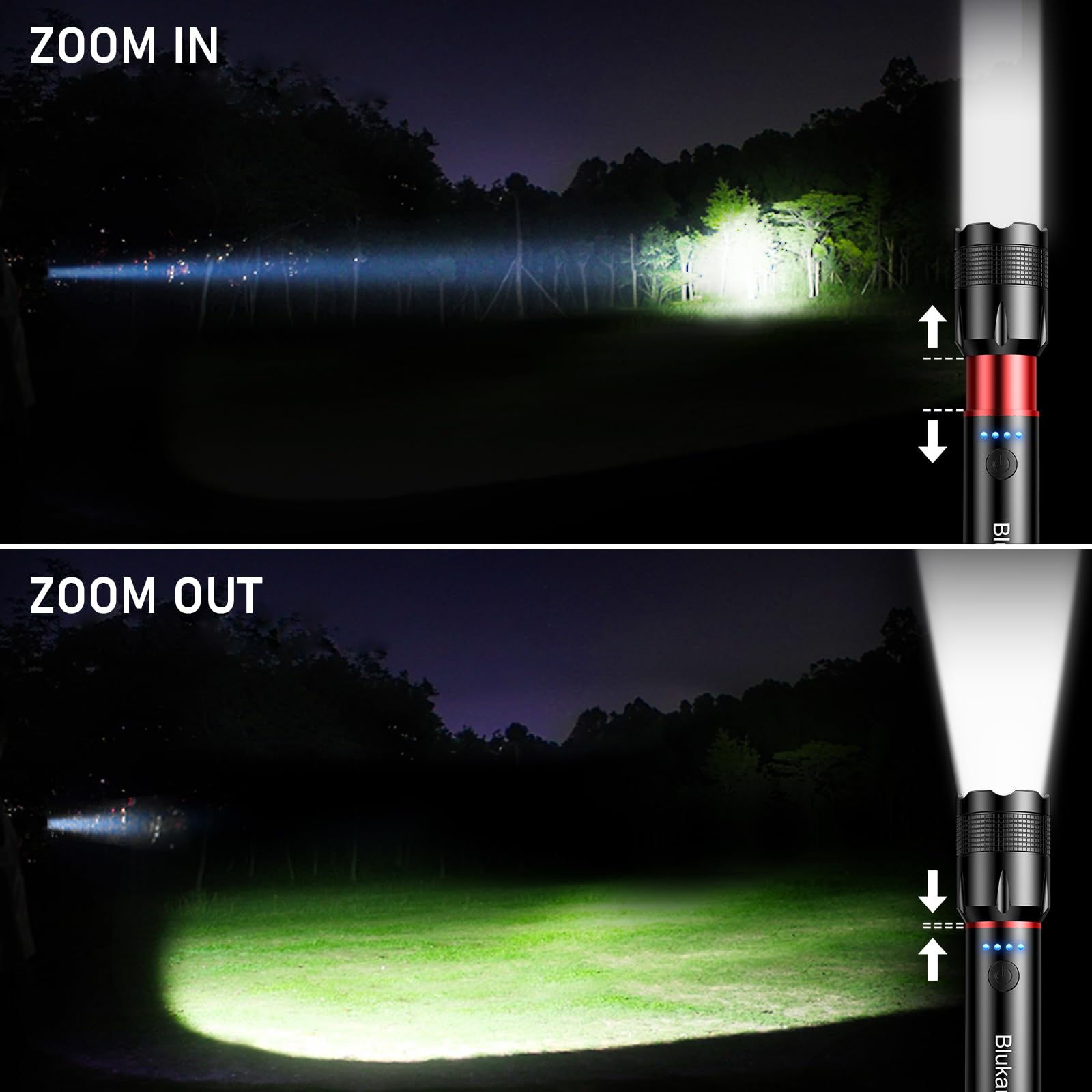 Blukar Torcia LED Ricaricabile, 2000 Lumen Super Luminoso Zoomabile Torcia Elettrica-5 Modalità di Illuminazione/Impermeabile/Alta Potenza/Portatile per Emergenza/Campeggio/Escursionismo