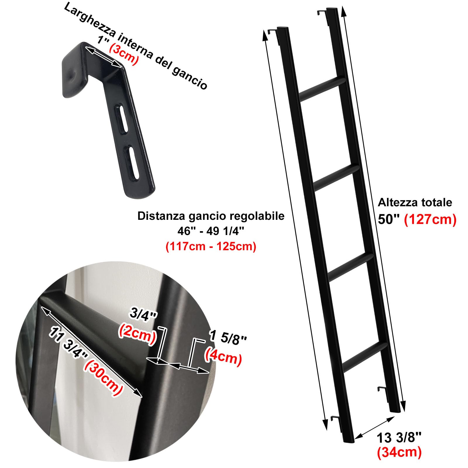 Scala per Letto a Castello Camper 127/140/152/168 cm, Scala Robusta per Letti Roulotte con 4 Ganci e Tappi di Protezione, Scaletta in Metallo per Letto Singolo, Casa, Dormitorio (127cm, Nero)