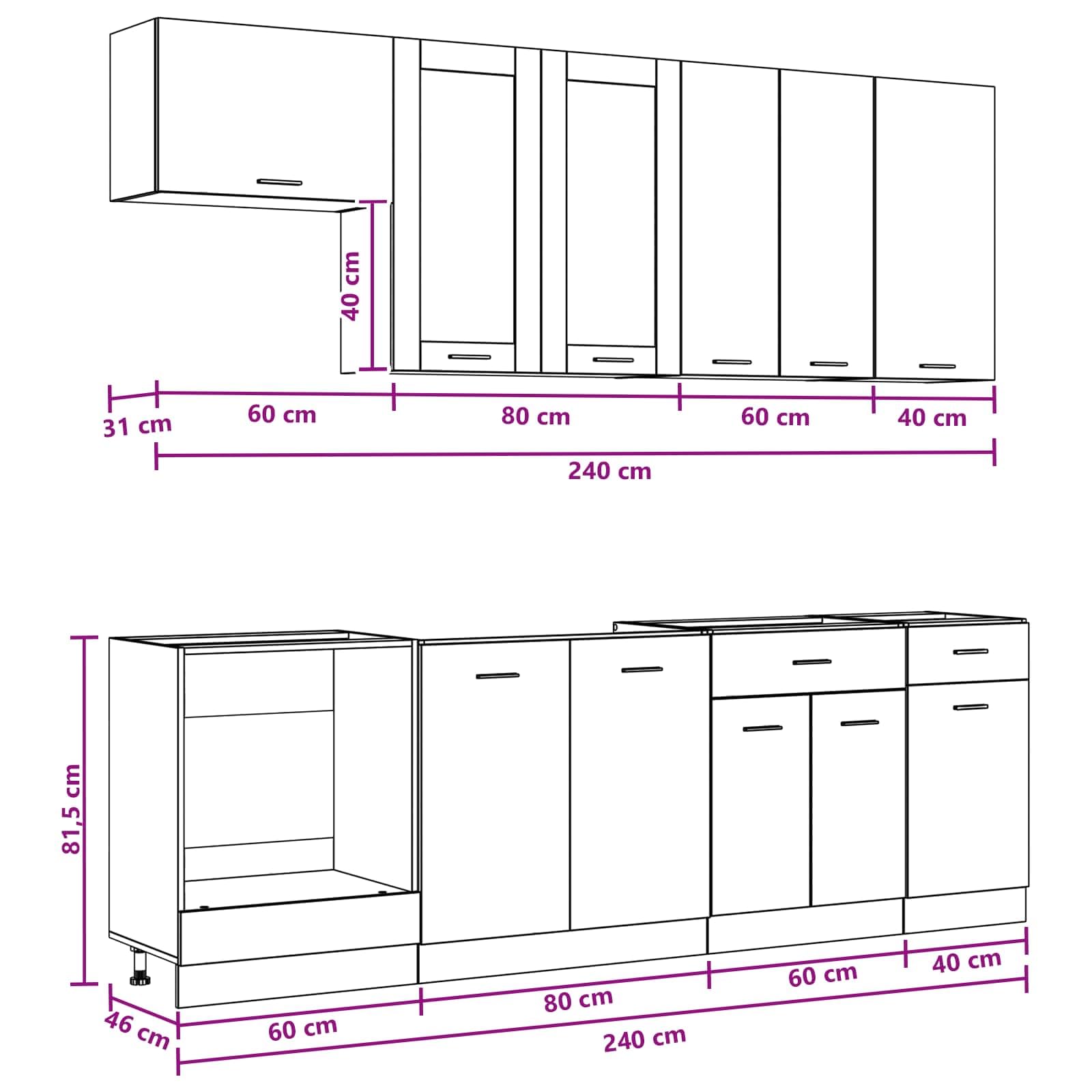 Küchenzeile Lyon 8-teiliges Küchenschrank Set, Moderne Einbauküche aus Holzwerkstoff, Küchenblock mit Hängeschränken und Unterschränken, Schwarze Eiche