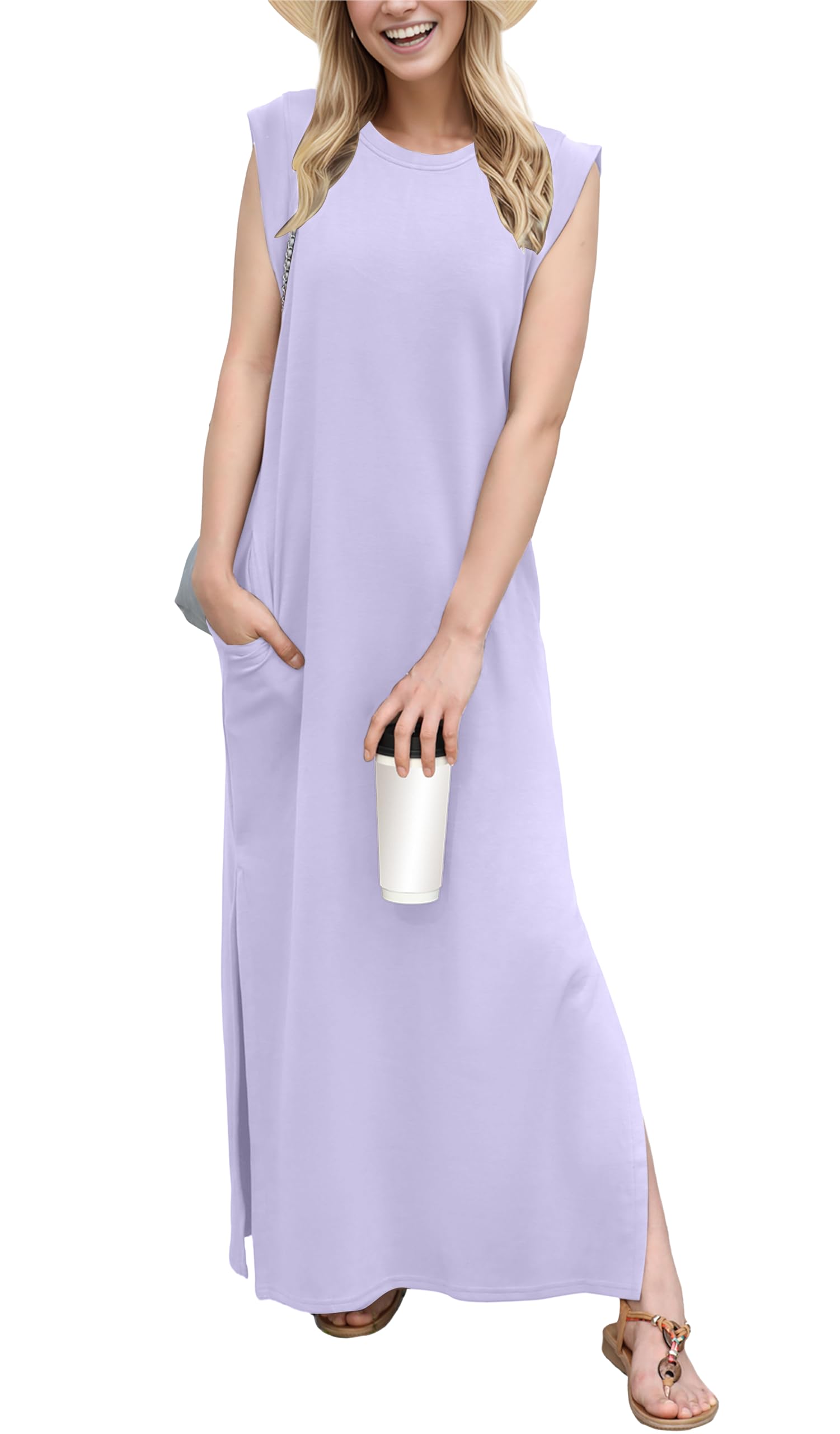 GRECERELLE Womens Summer Maxi Dress Casual Shirt Dresses Elegant Styles Basic Sleeveless Maxi Dresses for Women UK with Split and Pockets