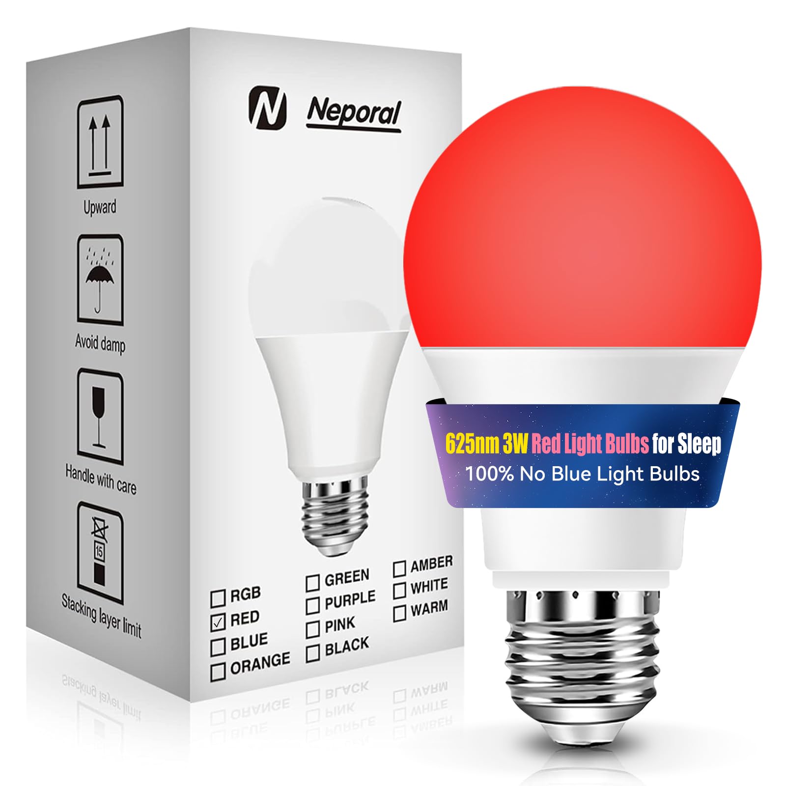 Neporal 3W 625nm Red Light Bulbs for Sleep, 100% Blue Light Blocking Bulb, Red Light Night Light for Melatonin Promoting, A19 40W Equivalent Dim Light Bulbs for Bedroom, Baby Nursery,1 Pack