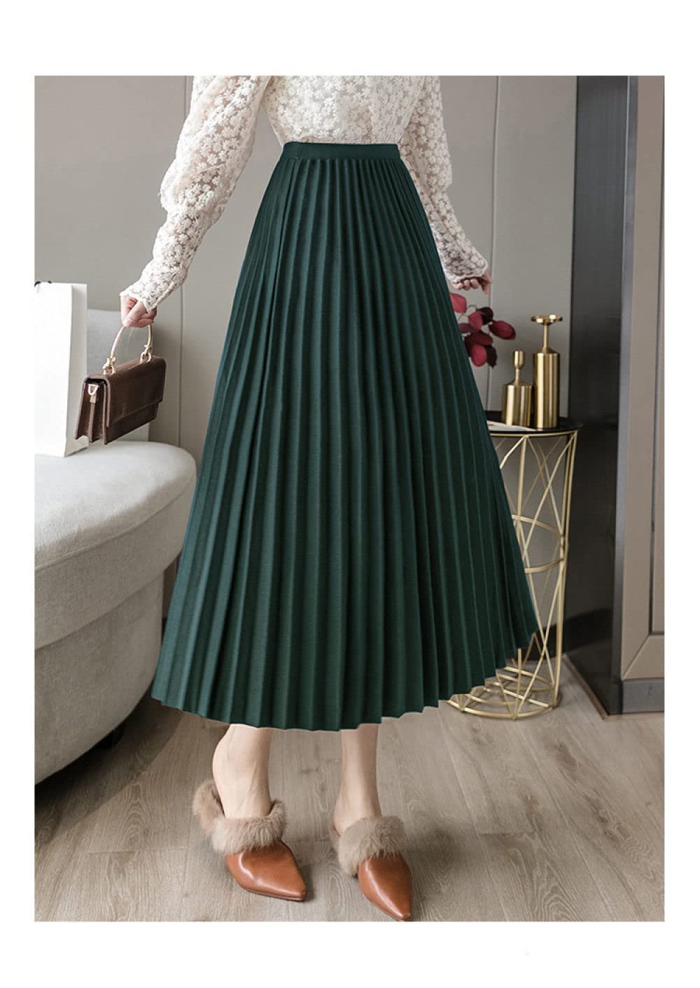 Faldas para Mujer Reino Unido,Verde Faldas Plisadas De Color Sólido para Mujer Cintura Elástica Falda Midi Cálida De Invierno Falda De Talle Alto Elegante Falda(XL)