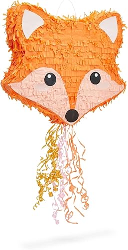 Piñata de zorro con cuerda para decoración de baby shower, fiesta de cumpleaños (pequeña, 16 x 13 x 3 pulgadas)