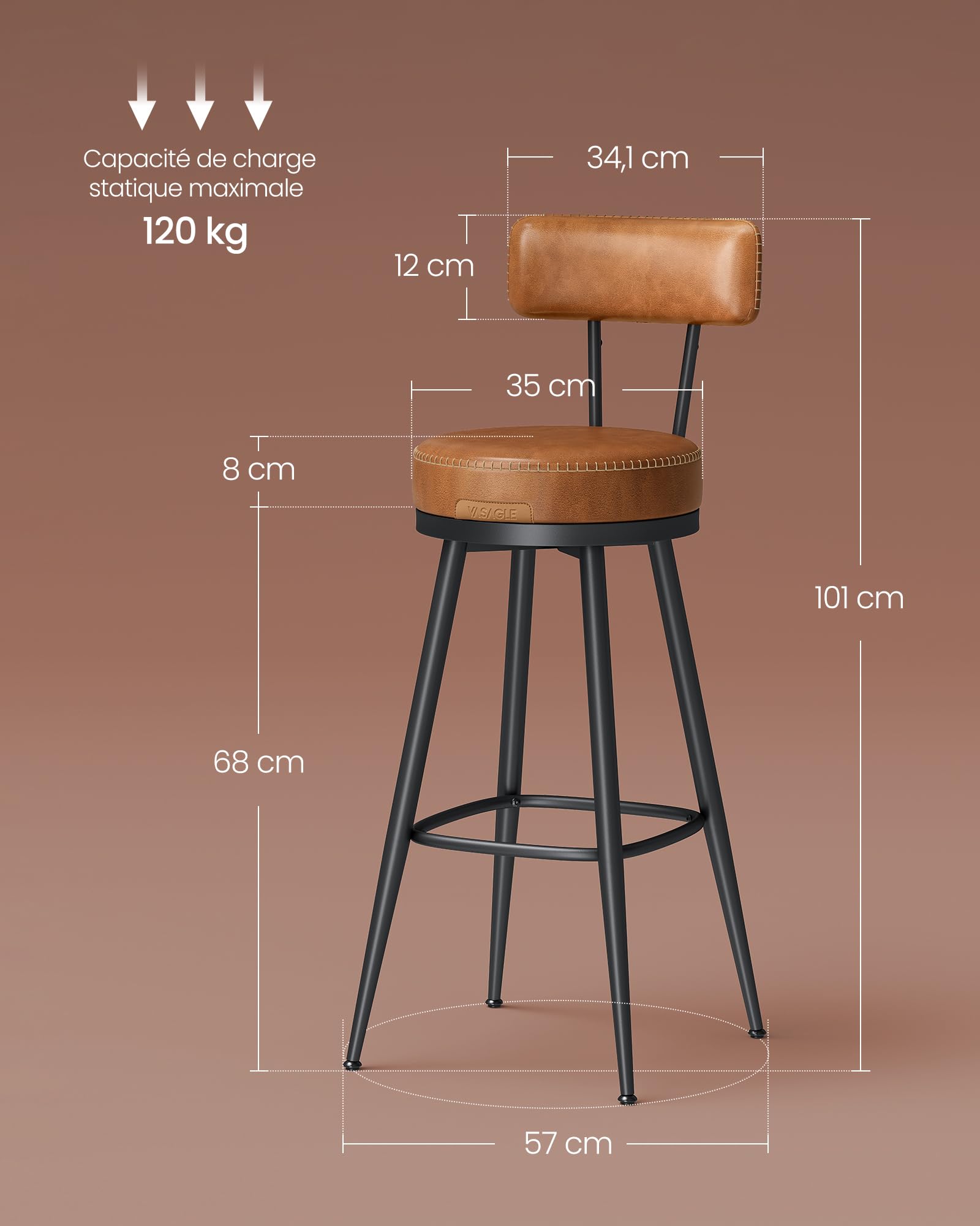 VASAGLE Collection EKHO - Lot de 2 Tabourets de Bar, Chaises de Bar, Chaises de Cuisine, en Similicuir, Hauteur d’Assise 76 cm, Cuisine, Salle à Manger, Pivotants à 360°, Brun Caramel, LBC889K01V2