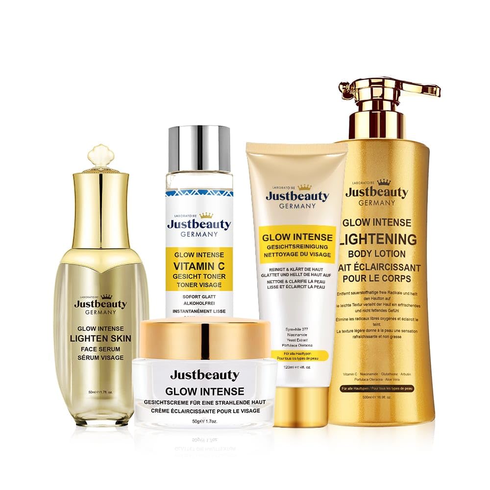 Glow Intense Kollagen-Aufhellungsset - Body Lotion, Gesichtscreme, Serum, Toner, Reinigung - Klärt, Spendet Feuchtigkeit, Hellt auf - Mit Kollagen, Niacinamid, Vitamin C (1, Kilogramm)