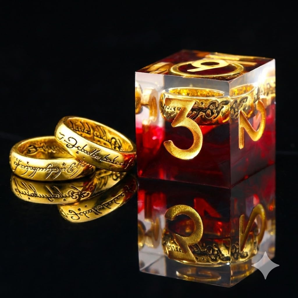 Ring DND Dice Set Sharp Edge Resin Dice,Golden Ring Inclusion Suitable for Lord of the Ring D&D Dice RPG Role Playing Games Suitable for Dungeons and Dragons Polyhedral Dice Set（red）