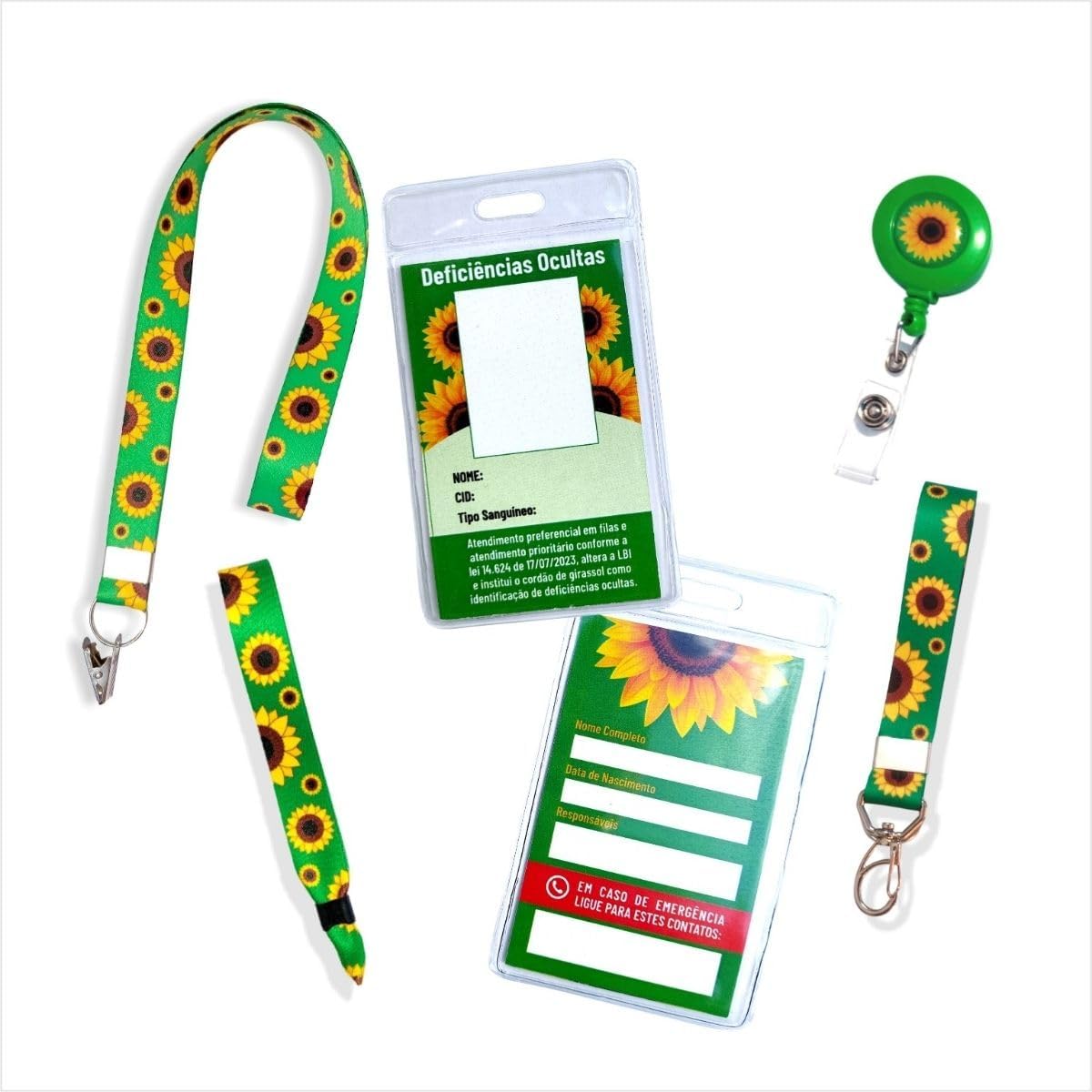 Crachá de Identificação Deficiências Ocultas com Cordão Girassol Porta
